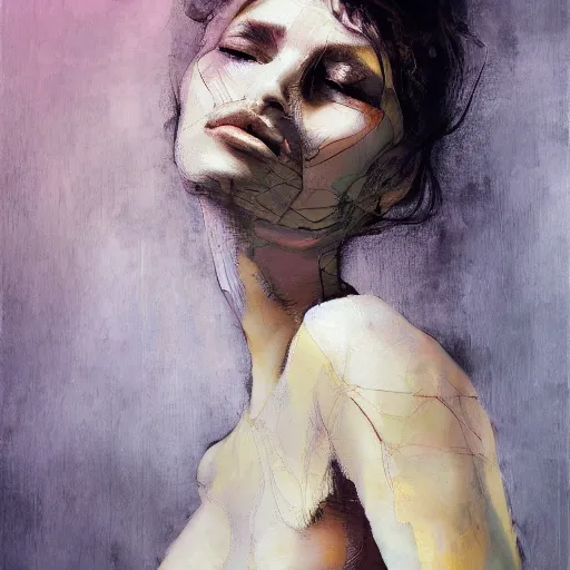Prompt: portrait of a beautiful stunning girl sitting face shown and full figure seductive sensual alluring attractive, in the style of disco elysium, expressionism, artstation, trending, by aleksander rostov, jenny saville, rembrandt, alex kanevsky, wassily kandinsky, dave mckean, yoshitaka amano