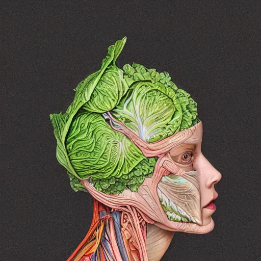 Image similar to the anatomy of a head of lettuce that looks like a beautiful woman, an ultrafine detailed painting by james jean, intricate linework, bright colors, final fantasy, behance contest winner, vanitas, angular, altermodern, unreal engine