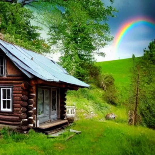 Prompt: Beautiful landscape of a little cabin that looks like it's in an antique antique shop with a bell and a rainbow inside