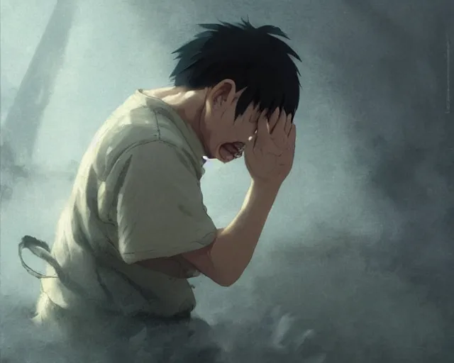 Image similar to a 50 year old brunnete chinese man with puffy cheeks bursting in tears on the floor, horror scene, dramatic, close up shot, anime art, Greg Rutkowski, studio ghibli, dramatic lighting