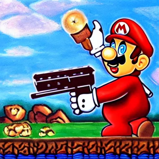 Prompt: A detailed, dramatic painting of super mario shooting a goomba with a machine gun