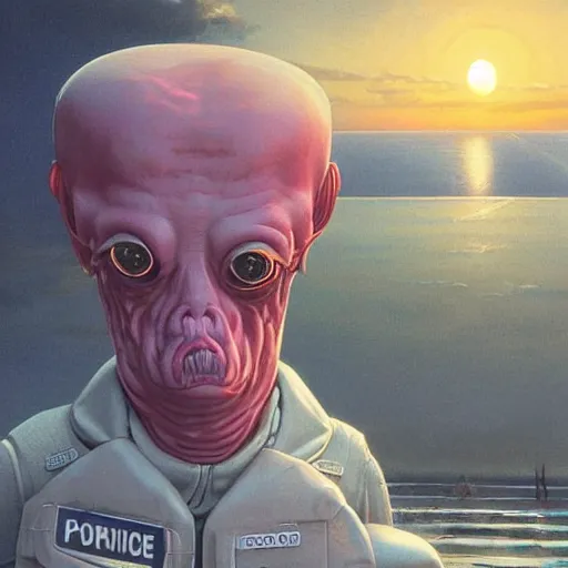 Image similar to unsettling, noble rubbery albino mutant with thin lips, huge eyes and suspicious expression, wearing science fiction police uniform by docks at sunset, by deak ferrand, wayne barlowe, simon stalenhag, and greg rutkowski