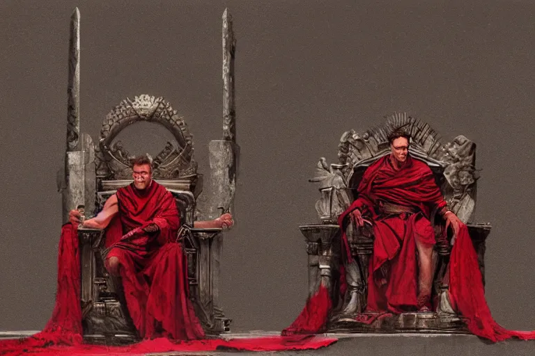 Image similar to the end is near. a tired julius caesar is sitting on his throne. face is highly detailed. splices of red are running down his toga. mist. color scheme red. low angle medium shot. imagined by greg rutkowski and craig mullins