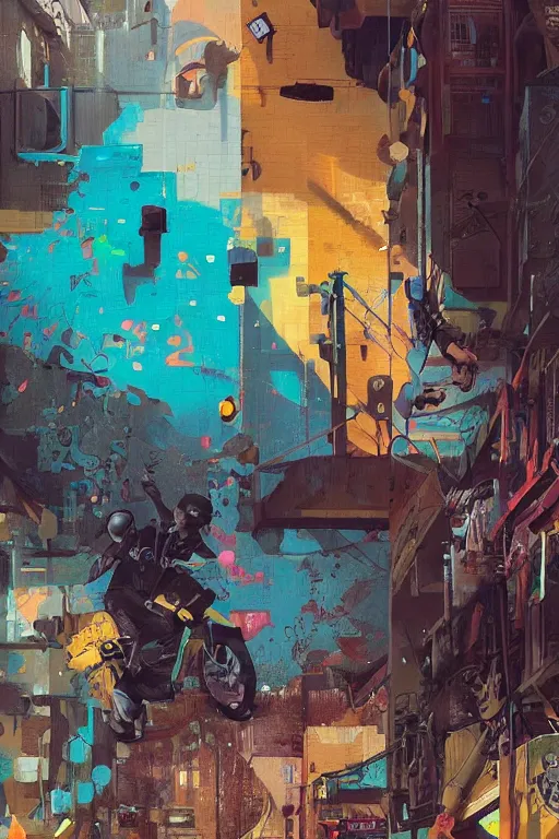 Prompt: extreme graffiti tag mural maximalism by atey ghailan, by greg rutkowski, by joe fenton, yellow, brown, black and cyan color scheme, octane render