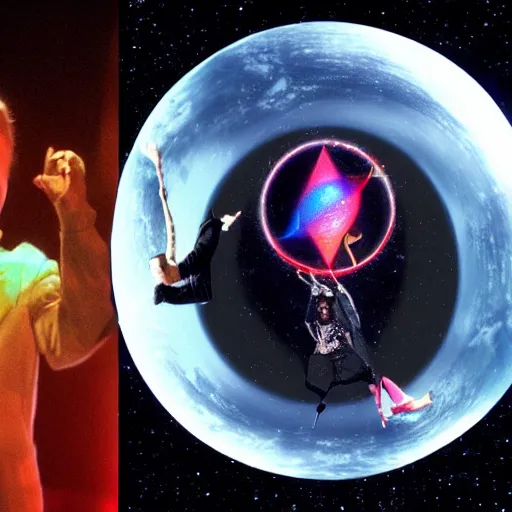 Image similar to a hyperreality concert david bowie wearing a dao yin - yang t - shirt performing on top of the spaceship in deep space, galaxies swirling around