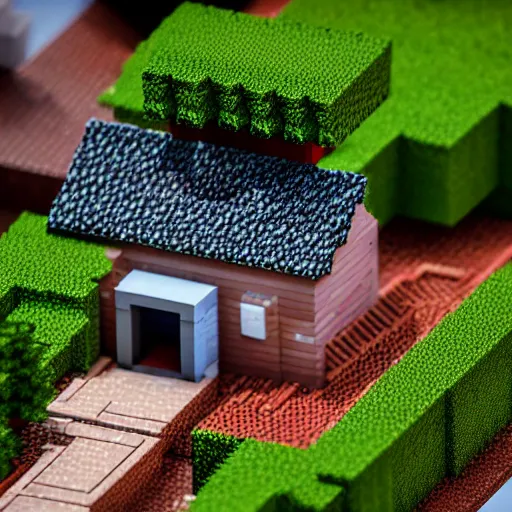 Image similar to macro photo of a miniature ho scale aesthetic minecraft house figure, taken with canon 8 0 d, canon 1 0 0 mm f / 2. 8