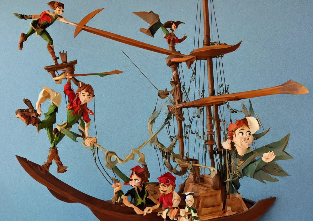 Image similar to a stylized cut paper sculpture of peter pan and captain hook sword fighting on a pirate ship