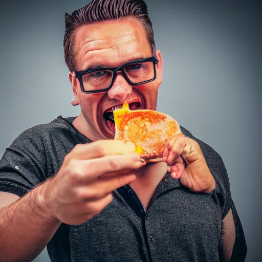 Prompt: photo of a hacker eating spam, studio photo, hdr, award winning photo