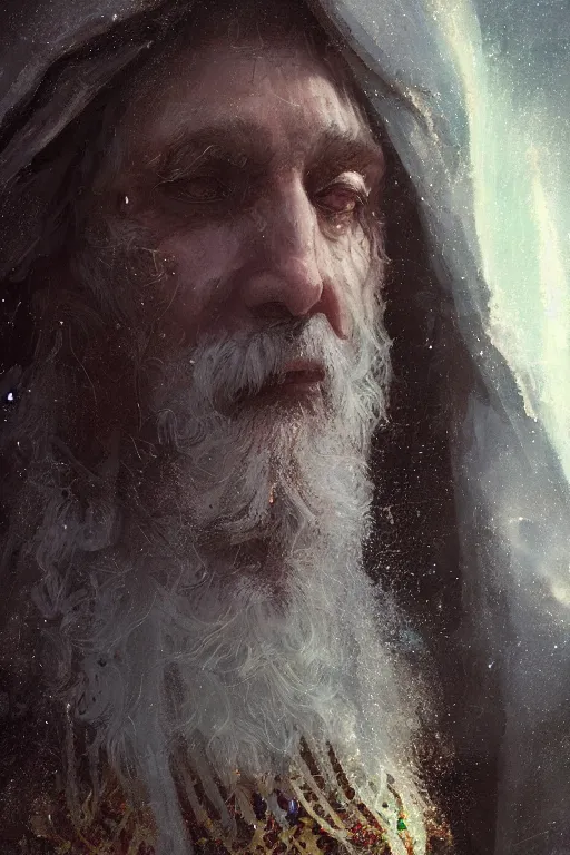 Image similar to Atlantis priest, close-up portrait, devoted, intricate, elegant, volumetric lighting, scenery, digital painting, highly detailed, artstation, sharp focus, illustration, concept art,ruan jia, steve mccurry