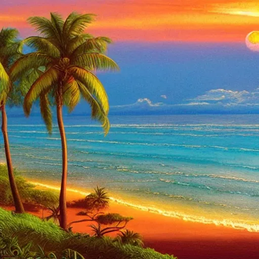 Prompt: Sri Lankan landscape of a beach, coconut trees in the foreground, beautiful sunset, hyper realistic, concept artwork by Thomas Cole and Tim Hildebrandt