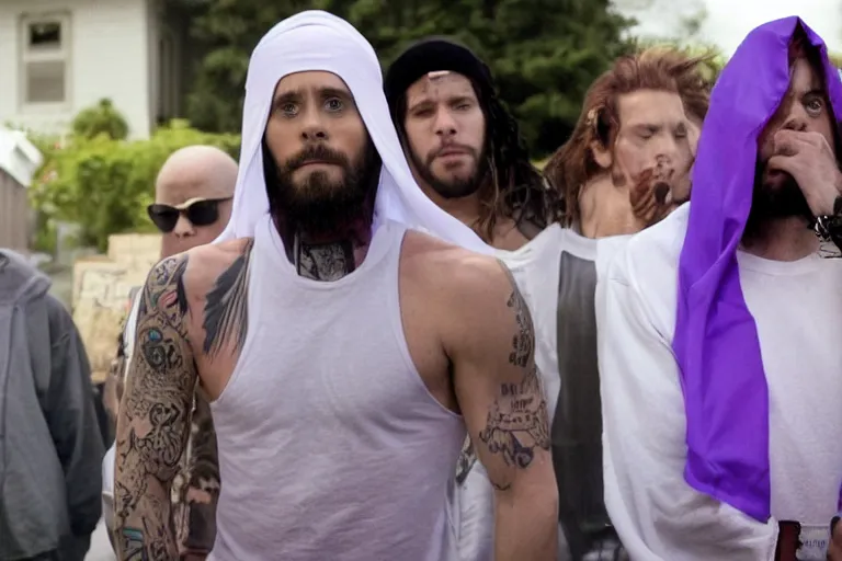 Image similar to medium full shot of jared leto as a white gang member wearing a purple head covering made from a polyester or nylon material and a white tank top outside a trap house in the new movie directed by ice cube, movie still frame, arms covered in gang tattoo, promotional image, critically condemned, top 1 5 worst movie ever imdb list, public condemned, relentlessly detailed