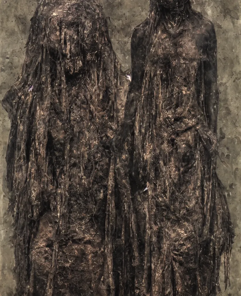 Image similar to an unholy black bronze sculpture standing in the center of a dimly lit and foggy ancient egyptian temple and abattoir, worshipped by skinless red-robed acolytes, art by Nicola Samori, artstation, realistic, academic light,