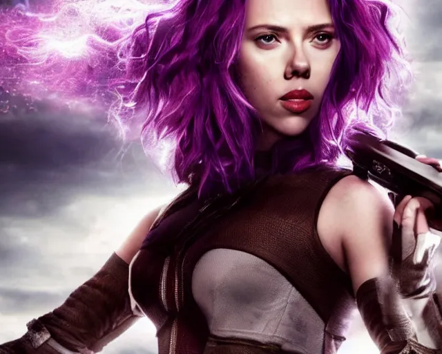 Image similar to Scarlett Johansson in epic knife battle pose, cinematic, 4k, hyper realistic, super detailed, purple hair