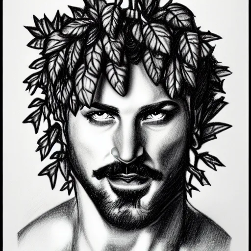 Prompt: portrait of lusting muscled bearded god dionysus with leaves and grape in his hair, tom finland, pencil drawing