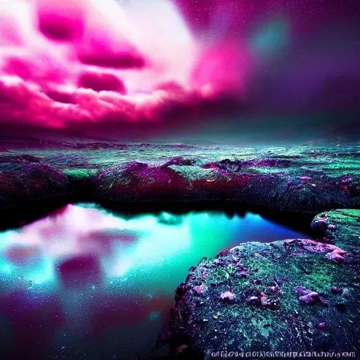 Image similar to a stunning, moody photograph from an alien planet. Vivid colors