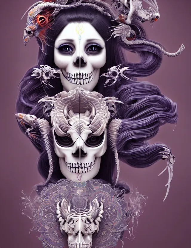 Image similar to 3 d goddess skull half - turn portrait with long hair with ram skull. beautiful intricately detailed japanese crow kitsune mask and clasical japanese kimono. betta fish, jellyfish phoenix, bio luminescent, plasma, ice, water, wind, creature, artwork by tooth wu and wlop and beeple and greg rutkowski