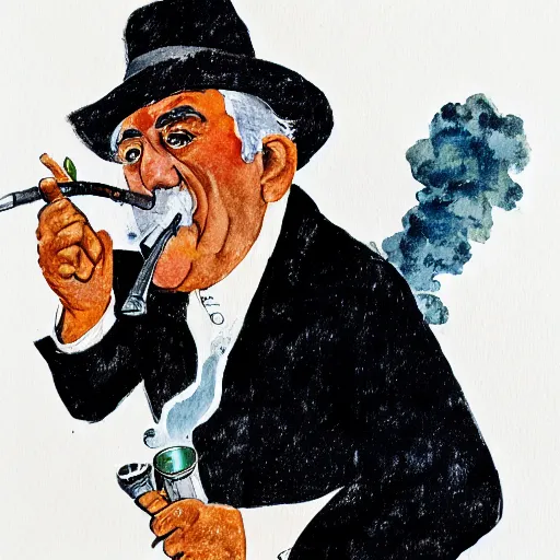 Image similar to portrait of old gray - haired smart mexican magician smoking a pipe, lots of smoke. watercolor with pancil by hugo pratt.