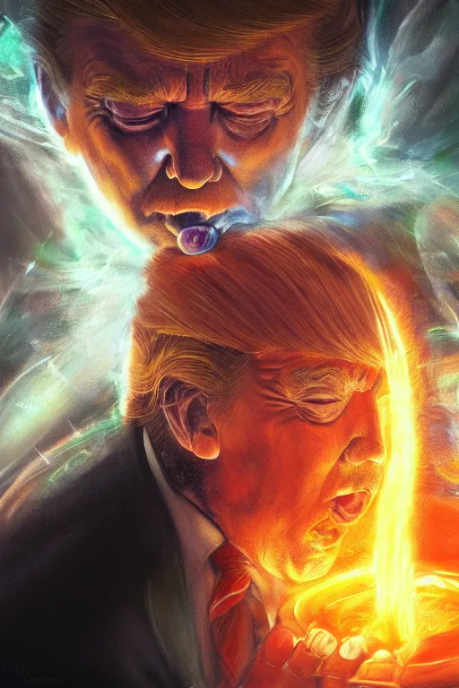 Image similar to portrait of trump drinking ayahuasca in a wormhole, by pablo amaringo, dramatic lighting, concept art, artstation