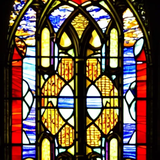 Prompt: a stained glass window in a cathedral depicting a fast food, ambient light, photo