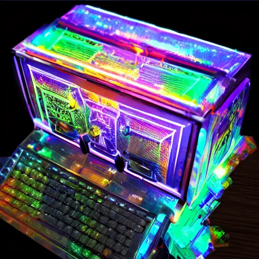 Prompt: holographic crystal ancient computer contraption used to play holo digital board duel games outdoor scene