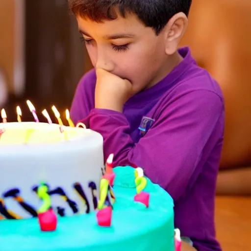 Image similar to a 7 year old blowing out the candles on his birthday cake