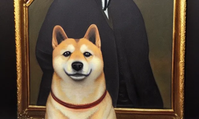 Prompt: renaissance portrait painting of shiba inu in a tuxedo