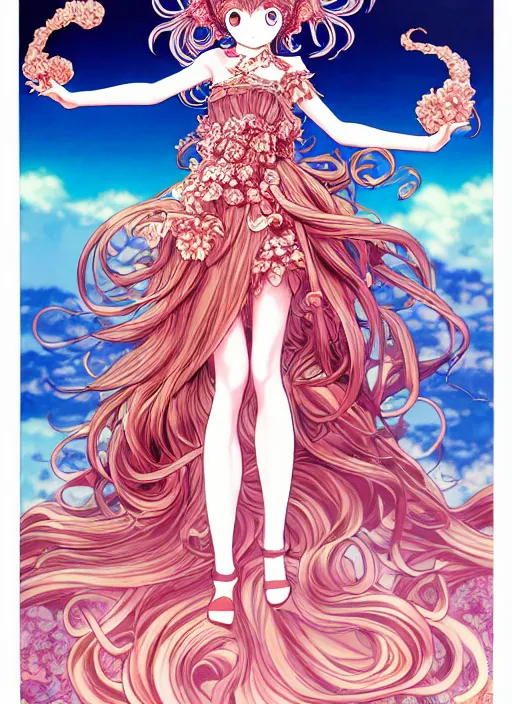 Prompt: exquisite imaginative fate manga poster design of princess, long wavy hair, rococo ruffles dress, by shigenori soejima, minaba hideo, katsuhiro otomo, jump comics, fluorescent, illustration, artstation, dark fantastic, highly detailed, 8 k, maximalist