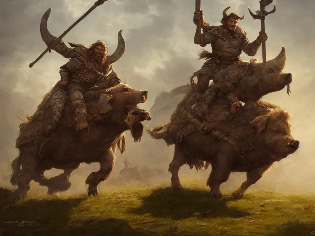 Prompt: viking warrior riding a boar, by justin gerard and greg rutkowski, digital art, realistic painting, dnd, character design, trending on artstation