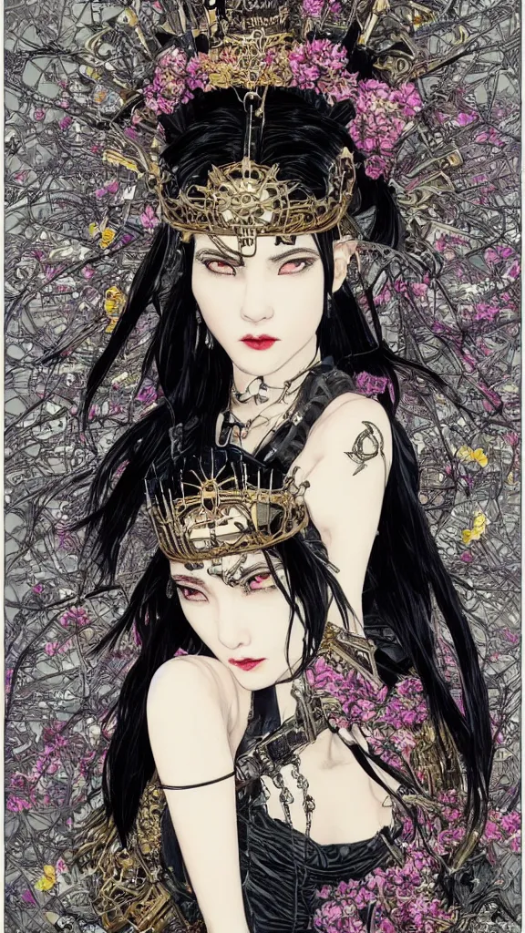 Image similar to cyberpunk fashion a beautiful black haired woman with pale skin and a crown on her head sitted on an intricate metal throne skin wrapped in flowers and wired, vintage style, by yoichi hatakenaka, masamune shirow, josan gonzales and dan mumford, ayami kojima, takato yamamoto, barclay shaw, karol bak, yukito kishiro