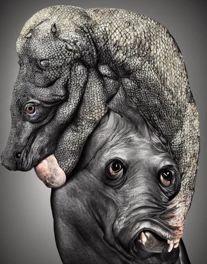 Prompt: portrait on black background of muscular animal human merged head dolphin skin, scales, merged with monkey head, hippo face morphed, gills, horse head animal merge, morphing dog head, merging crocodile head, anthropomorphic creature