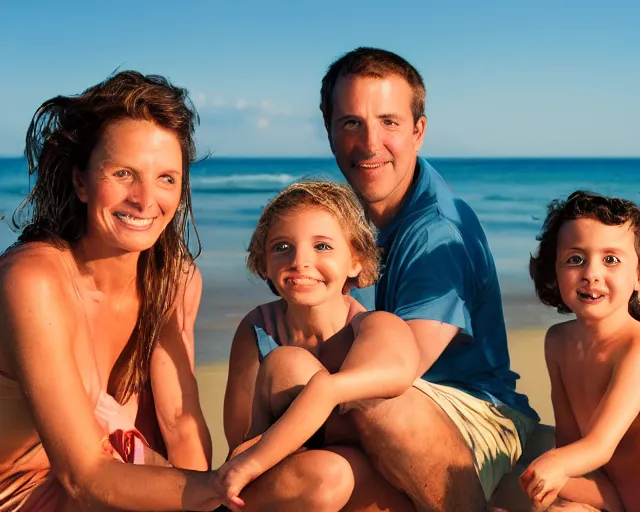 Prompt: portrait of a happy family at the beach, outdoor lighting, photo by annie leibovitz, realistic, smooth face, perfect eyes, wide angle, sharp focus