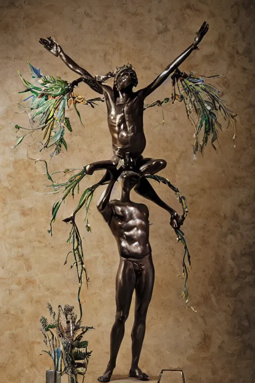 Image similar to Jean-Michel Basquiat as a bronze full-body statue of Icarus spreading his arms and arching his back for flight, glowing quartz crystal skull, wreath of ferns, flowing sakura-colored silk, fabric, flowers. baroque elements, human skull. full-length view. baroque element. intricate artwork by caravaggio. many many birds birds on background. Trending on artstation. halo. octane render, cinematic, hyper realism, octane render, 8k, depth of field, 3D