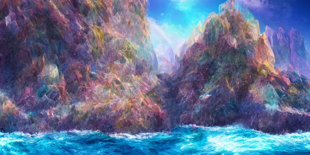 Prompt: sheer colourful rugged crystal quartz cliff, viewed from the ocean, illustration, bright sunlight, sun glints, sunrays, digital art, hyperrealistic, oil painting, fantasy, 8 k, trending on artstation, detailed