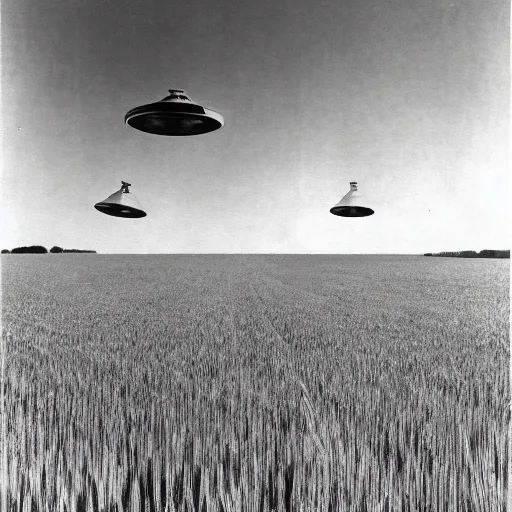 Prompt: a picture of an ufo above an wheat field, black and white, 1 9 2 0's, pictorialism