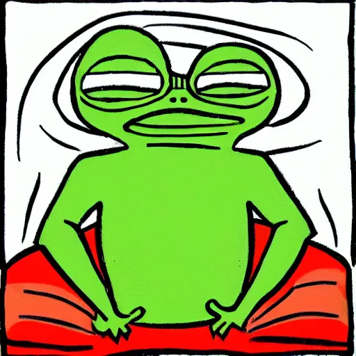 Prompt: one pepe the frog sitting in a room, cartoon