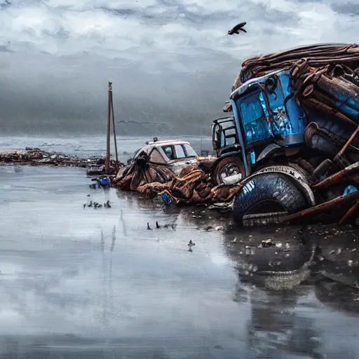 Image similar to on water, enormous huge mountains of tyres and garbage floating, seagulls flying in the forecasted sky, dramatic light, post apocalyptic, rainy weather, wet,highly detailed, wide shot, 8K mate painting, concept