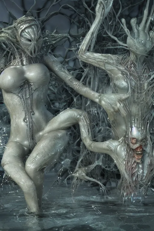 Image similar to summer swimming party, body horror, h.r. Giger, octane render