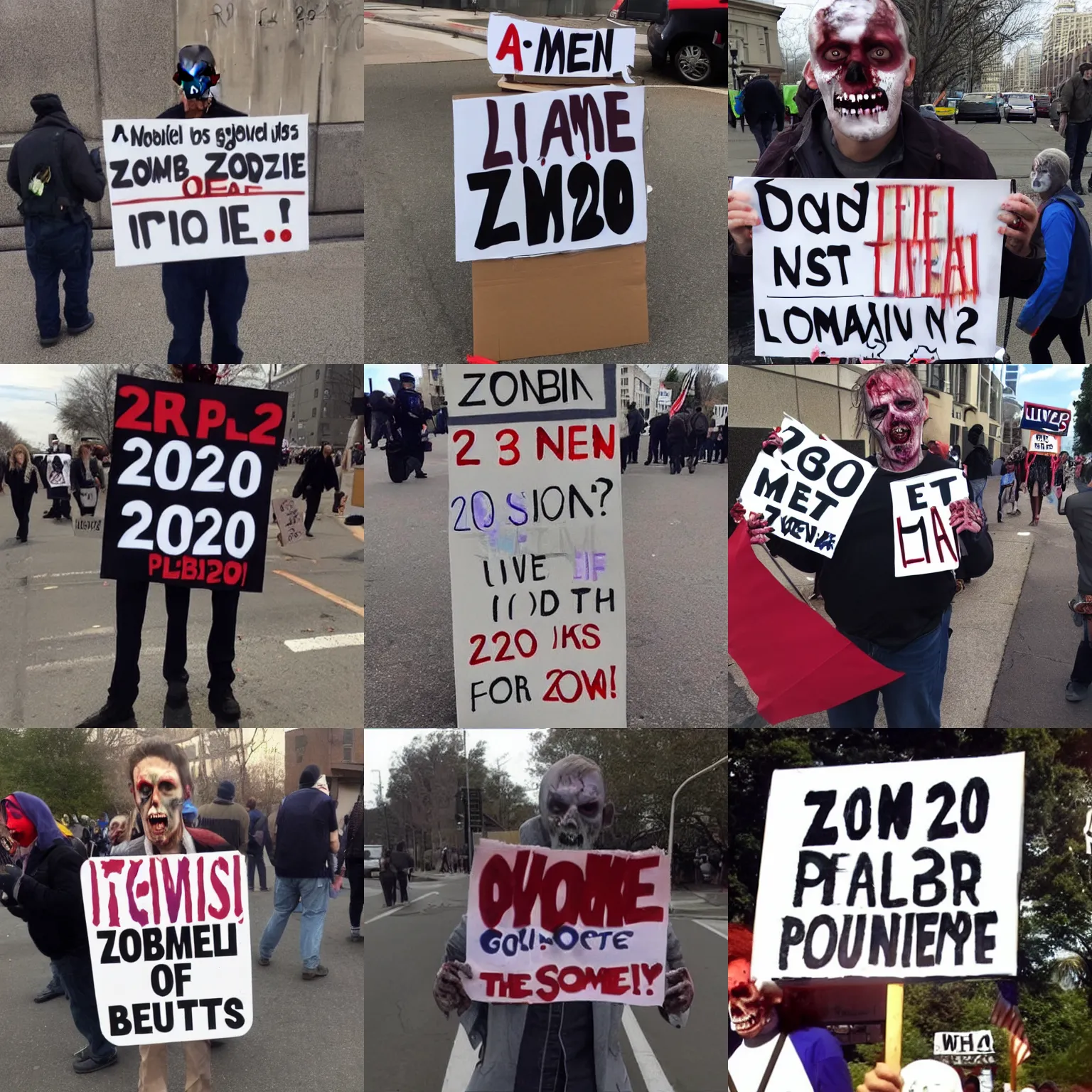 Prompt: zombie political protester signs of 2 0 2 0 lol