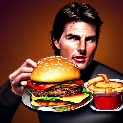 Prompt: portrait photography of Tom Cruise eating a giant hamburger, extra ketchup and mustard with overflowing bacon lettuce and tomato, cinematic lighting, highly detailed, digital painting, artstation, concept art, smooth, sharp focus, illustration, art by Terry Moore and Greg Rutkowski and Alphonse Mucha