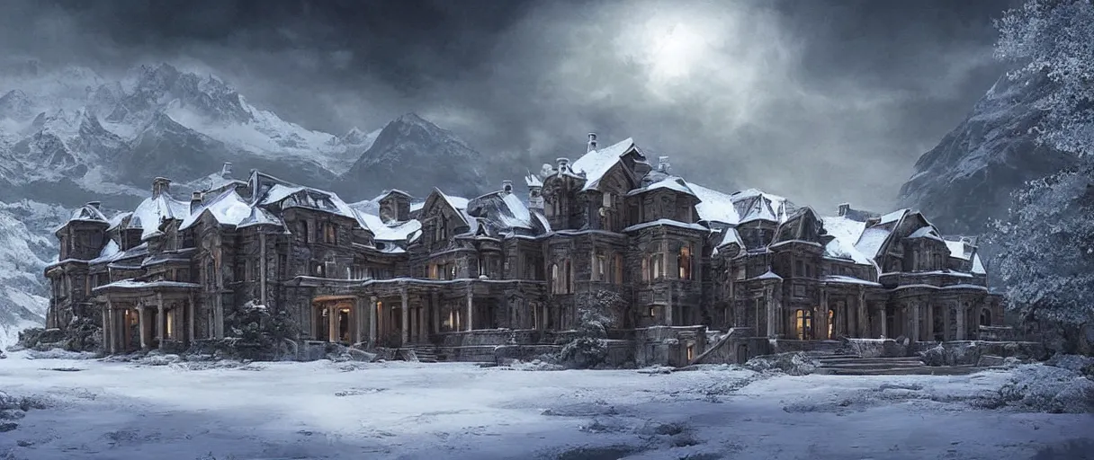 Prompt: “Sci-fi Concept art of a mansion in the snow. Canadian countryside. Mountains. Lake. Hills. Matte painting, realistic, high detail, 4k”