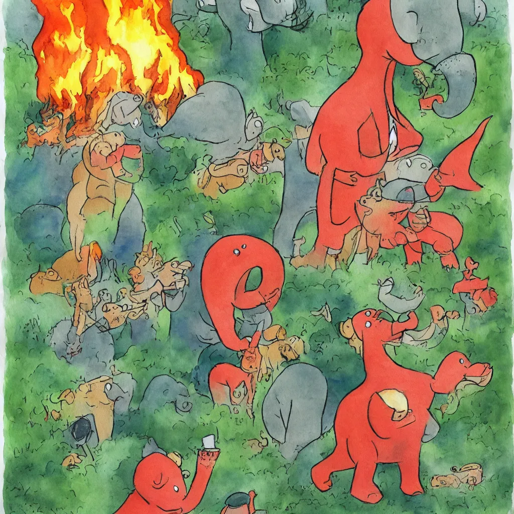 Prompt: babar discovers fire children's illustration watercolor painting