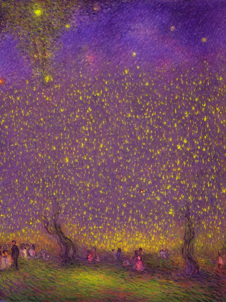 Prompt: gauzy twilight impressionist painting of fireflies in my backyard with an old apple tree in a purple cast with people dancing in the moonlight, intense purplish color oil painting by claude monet and piet mondrian, cosmic trending on artstation 8 k