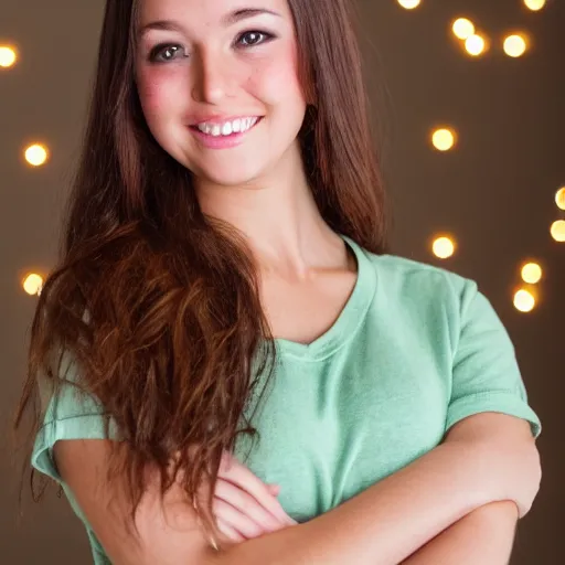 Image similar to Photograph of April, a cute young woman, long shiny bronze brown hair, full round face, green eyes, medium skin tone, light cute freckles, light blush, smiling softly, wearing casual clothing, interior lighting, cozy living room background, medium shot, mid-shot, hyperdetailed, hyperreal,