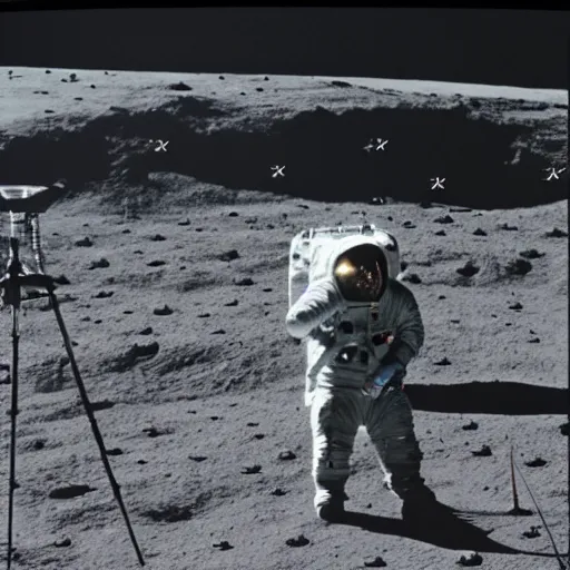 Prompt: Photo of a television cameraman on the moon, 1960s kinescope on black and white televisions screen, NASA historic, archival