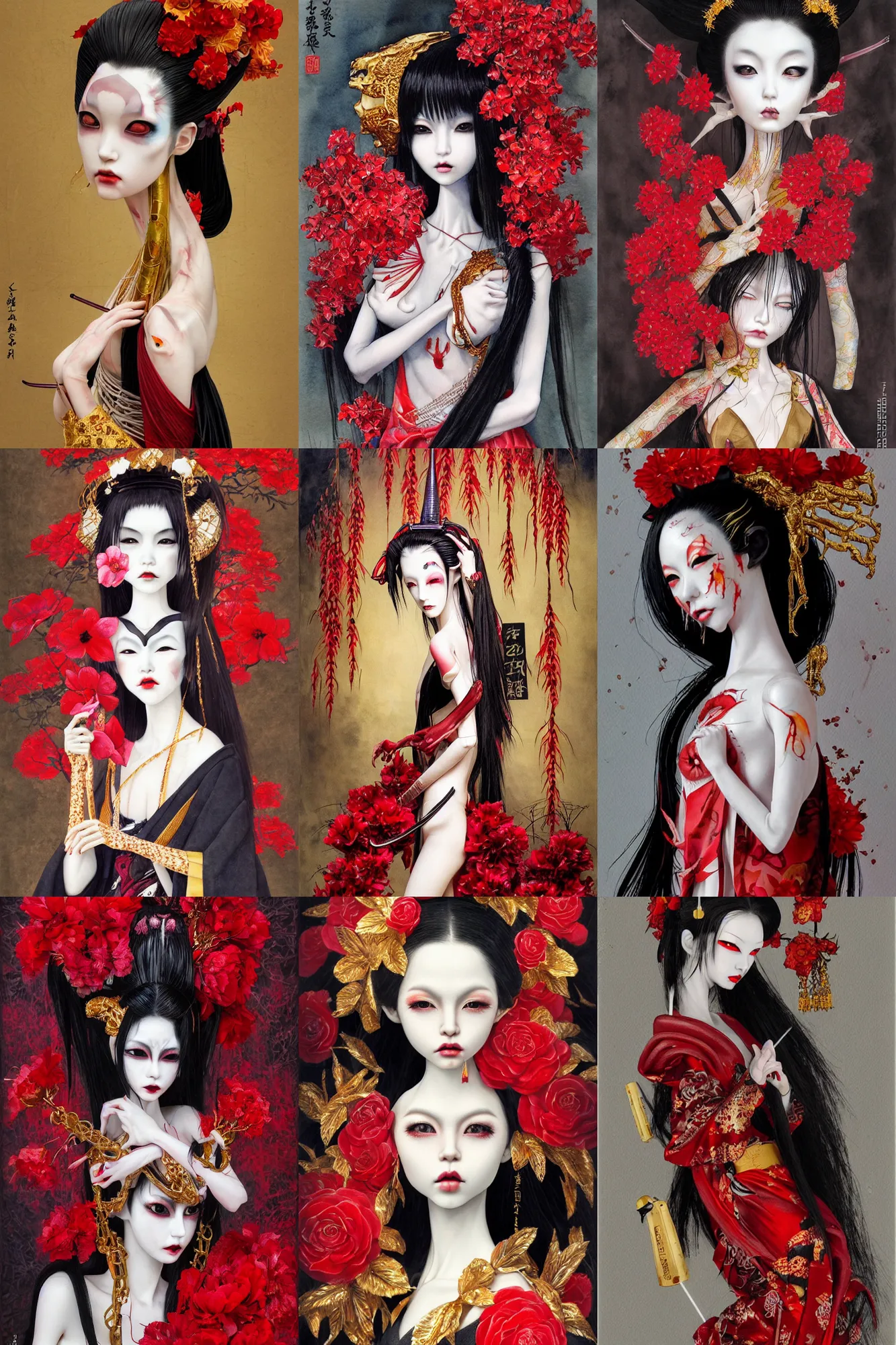 Prompt: watercolor painting of a japanese bjd geisha vampire with a long neck by hajime sorayama, h. r. giger, irakli nadar, amy sol, in an epic dark - fantasy background, red, gold flowers, black, surrealism, artgerm