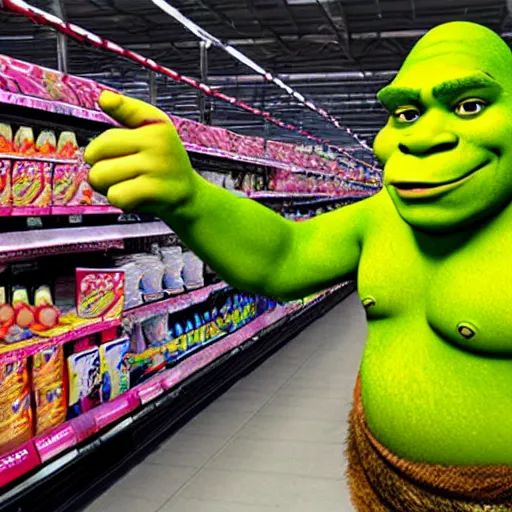 Image similar to shrek shopping at walmart