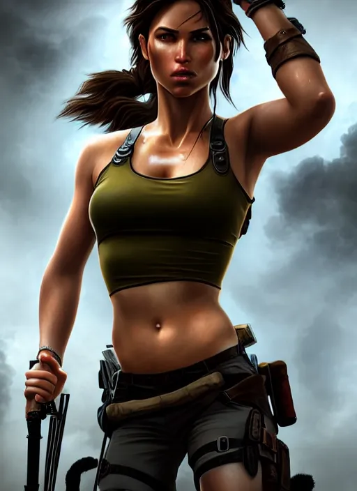 Image similar to a gorgeous lara croft photo, professionally retouched, soft lighting, realistic, smooth face, full body shot, torso, dress, perfect eyes, wide angle, sharp focus on eyes, 8 k high definition, insanely detailed, intricate, elegant, art by artgerm and jason chan and mark litvokin