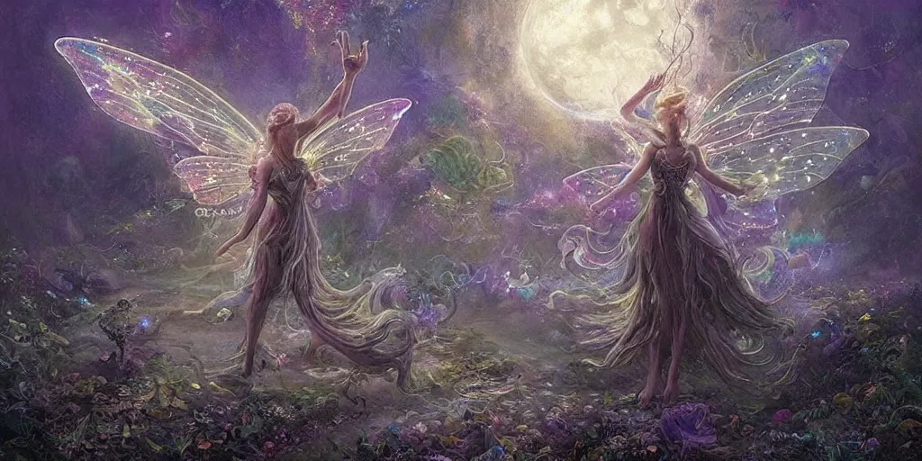 Image similar to concept art of translucent glowing fairies dancing, lovecraftian, renaissance, melting, round moon, rich clouds, fighting the horrors of the unknown, very detailed, volumetric light, mist, fine art, decaying, textured oil over canvas, epic fantasy art, very colorful, ornate intricate scales