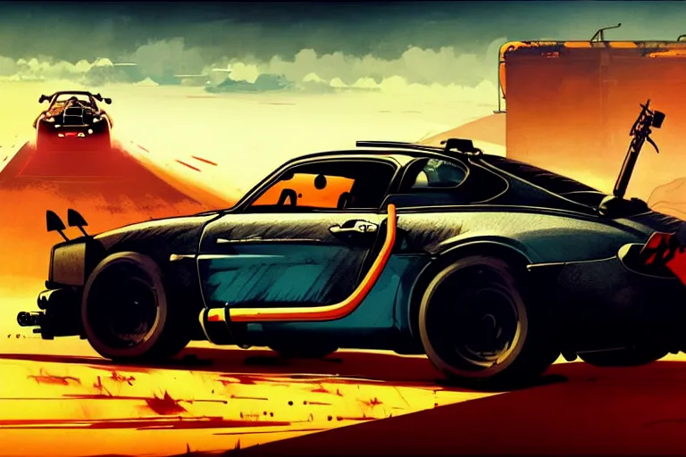 Image similar to mad max's alpine a 1 1 0 : : speeding, firing guns, lights on : : by ilya kuvshinov, rossdraws, artgerm, greg rutkowski makoto shinkai takashi takeuchi studio ghibli, akihiko yoshida : :