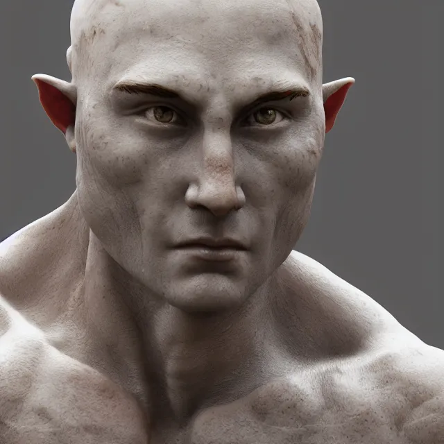 Image similar to marble sculpture of a warrior elf man, realistic, unreal engine render, octane render, hyper realistic, photo, 8 k, cinematic lighting